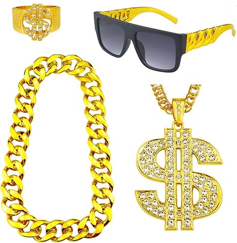 4-Pack-80er-90er-Jahre-Hip-Hop-Kostume-Outfit-Gefalschte-Goldkette-Geld-Kette-Twist-Bein-Punk-Sonnenbrille-Dollar-Zeichen-Fingerring-fur-Manner-Frauen-Rapper-Zubehor-1 4 Pack 80er 90er Jahre Hip Hop Kostüme Outfit Gefälschte Goldkette Geld Kette Twist Bein Punk Sonnenbrille Dollar Zeichen Fingerring für Männer Frauen Rapper Zubehör