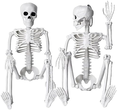 XIMISHOP Pack of 2 Skeleton Halloween Decoration, 40.6 cm Full Body Posable Halloween Hanging Plastic Skeleton Decoration with Movable Joints for Halloween Decoration Indoor Outdoor