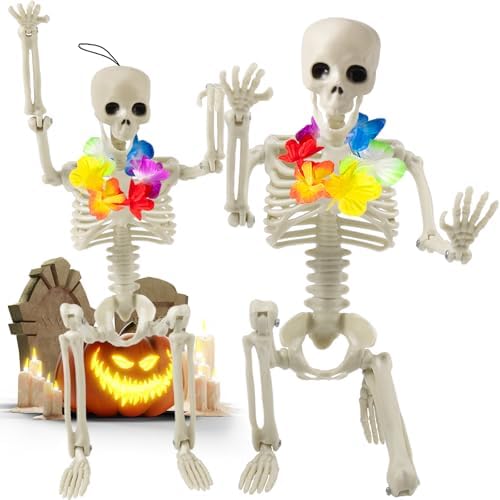 JMUQ 2 Packs 16 Inch Skeleton Halloween Decor Movable Halloween Skeleton with Wreaths, Plastic Full Body Skeleton Decor for Porch House Hanging Decoration and Other Halloween Decor Occasions