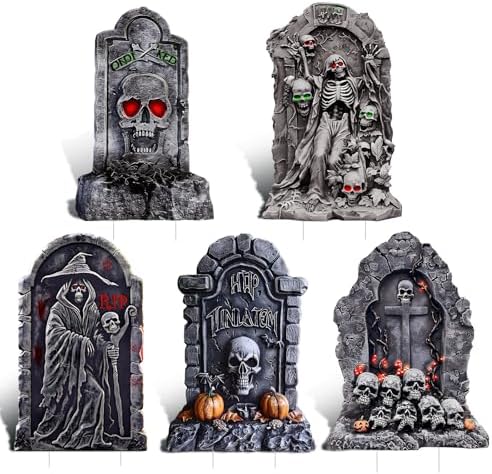 Halloween Outdoor Decorations 25 Inch 5 Pack Halloween Cemetery Tombstones Yard Signs with 10 Metal Stakes Large Realistic Scary Skeleton Crack Gravestones Yard Lawn Outdoor for Kids
