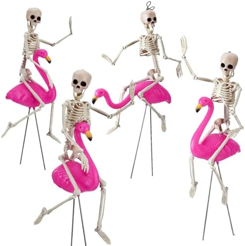 Simgoing Pack of 8 Pink Flamingos and Skeleton Decorations, Pink Flamingo Yard Ornaments, Outdoor, 16″ Skeleton Decoration, 17″ Flamingo Statue, Body Plastic, Skeleton Props,