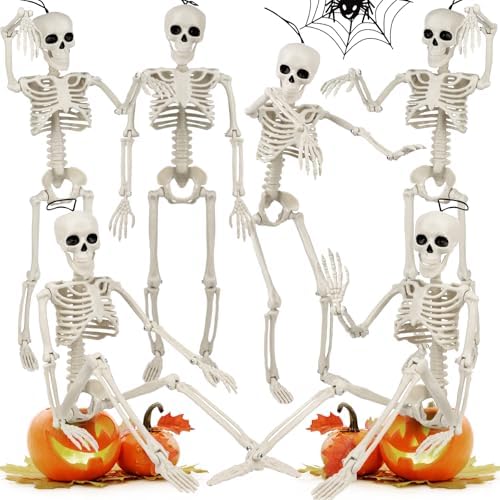 【6 Pack Halloween Skeleton Decorations Outdoor】16 Inch Full Body Skeleton with Movable Movable Joints, Scary Halloween Props for Yard, Garden, Lawn, Haunted House, Cemetery Decor