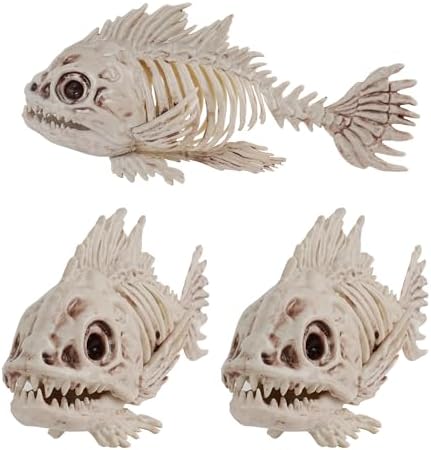 NEROSUN Halloween Fish Skeleton Decorations, 3 Pieces 10 Inch Animal Skeleton Plastic Realistic Bones Herringbone Prop for Haunted House Halloween Party Decoration