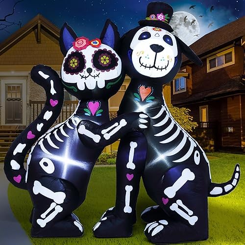 Funflatable Halloween Skeleton Inflatable Black Cat and Dog Day of the Dead Outdoor Decorations Inflatable Halloween Decoration with Built-in LED Lights for Yard, Lawn, Garden