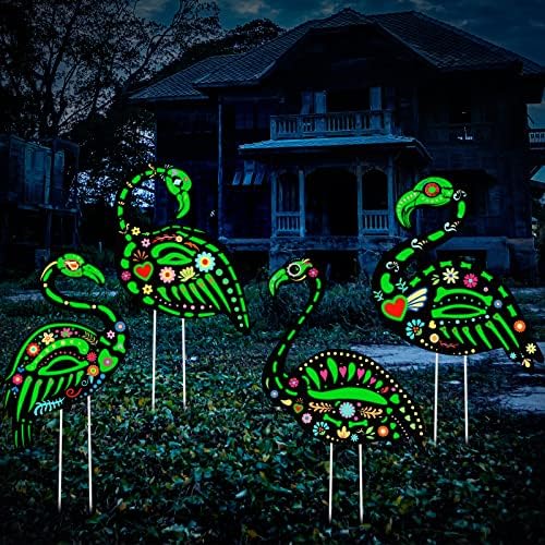 Pack of 4 Halloween Flamingo Yard Ornament with Stake Flamingo Yard Stakes Flamingo Yard Decorations Plastic Lawn Flamingos Skeleton Flamingo Outdoor Scary Flamingo Skeleton Yard Sign for Halloween