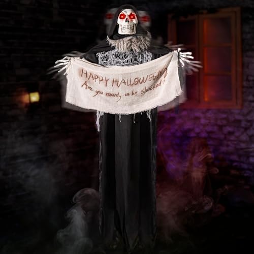 Halloween Animatronics Grim Reaper Hanging 60 Inch Animated Skeleton Decorations with Sound Activated Scary Voice Scary Skull Head Luminous Eyes Scary Movement
