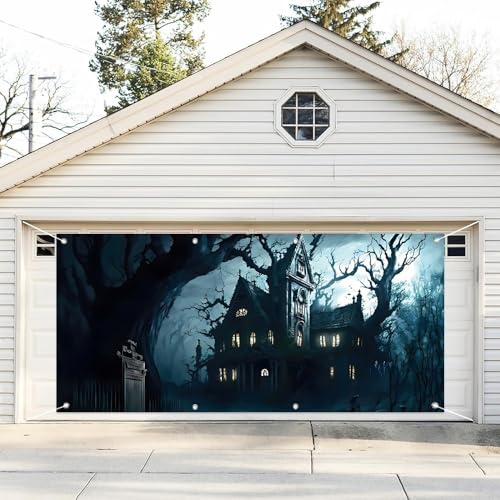 Leyiyi 7x16ft Halloween Garage Door Decoration Banner Spooky Graveyard Castle Haunted House Halloween Garage Door Cover for Home Outdoor Wall Door Halloween Decoration