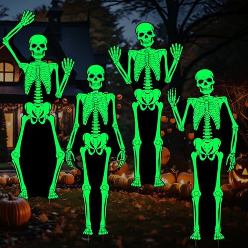 Bucherry 4 Stück im Dunkeln leuchtende Skelette, Halloween-Hofschilder mit Pfählen, leuchten im Dunkeln, Halloween-Dekorationen, leuchtende Skelettpfähle für Hof für Garten, Rasen