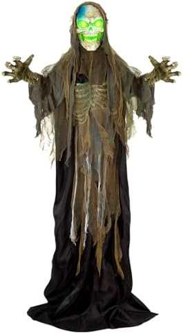 72″ Animatronics Standing Skeleton with Sound & Touch Activated Luminous Eyes, Scary Sounds, Movement, Life-Size Halloween Decoration for Haunted House Props, Indoor/Outdoor, Lawn,
