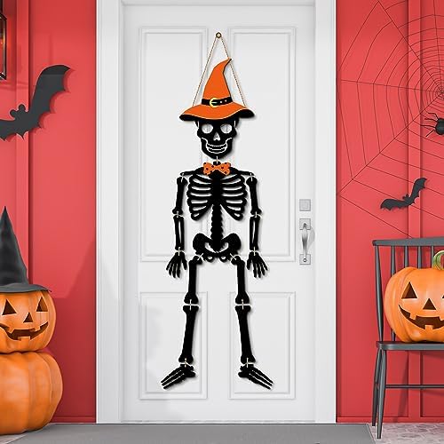 Skeleton Halloween Door Hanger Skull Wooden Sign Halloween Skeleton Decorations Door Hanger Sign Rustic Halloween Front Door Hanger for Scary Halloween Front Door Wall Decorations