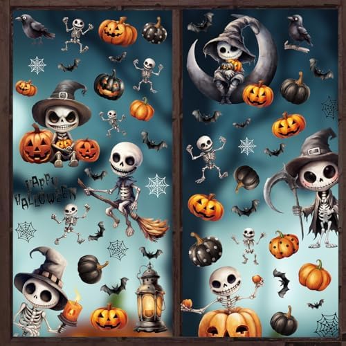 CCINEE 8 Sheets Scary Skeleton Halloween Window Stickers Double Sided Skeleton Bat Pumpkin Gel Window Stickers for Halloween Party Glass Sticker Interior Mirror Wall Decoration