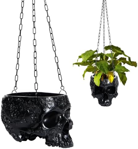 GUTE Hanging Skeleton Planter and Halloween Candy Bowl, Skull Flower Pot with Metal Chain and Hook, 6 Inch Tall, Scary Skulls, Houseplants and Servers, Succulent Plants,