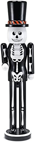 Ornativity Christmas Scary Skeleton Nutcracker, Black and White Wooden Day of the Dead Skeleton Nutcracker Man with Cylinder Hat Xmas and Halloween Theme Holiday Nutcracker Doll Figure Decorations