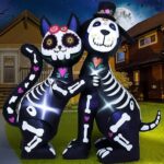 ZPISF Black Cat Dog Day of the Dead Inflatable Skeleton Halloween Skeleton Outdoor Decorations Inflatable Halloween Decoration with Built-in LED Lights for Yard, Lawn, Garden