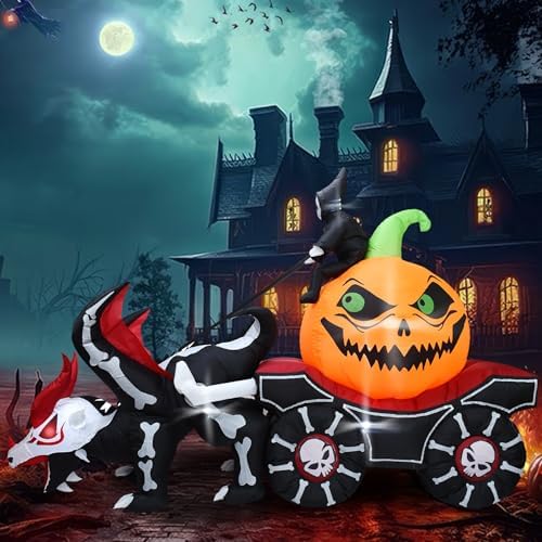 Inflatable Halloween Carriage, Grim Reaper Sitting on Pumpkin and Driving Skeleton Dragon Carriage with Built-in LED Lights, Inflatable Halloween Outdoor Decorations