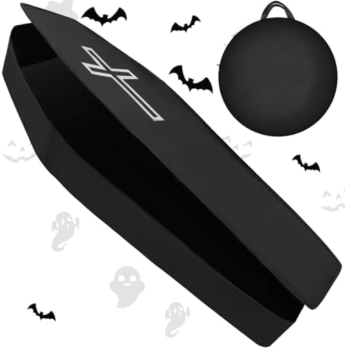 Libima 1 x Halloween Graveyard Pop Up Coffin with Lid Artificial Life Size 60 Inch Coffin Prop Scary Really Size Collapsible Fabric Instant Skeleton Party Haunted House