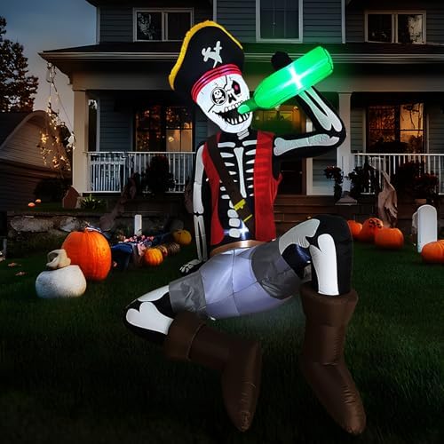 OurWarm Aufblasbare Outdoor-Dekorationen, sitzendes Skelett-Pirat, lustige aufblasbare Hof-Dekorationen mit LED-Lichtern für Hof, Garten, Friedhof, aufblasbare Halloween-Dekoration