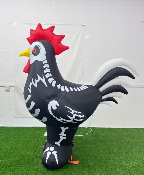 Aufblasbarer Skelett-Hahn, aufblasbarer Huhn, Hof-Dekoration mit LED-Lichtern, gruseliges schwarz-weißes Skelett-Design für Außenbereich, Garten, Rasen, Halloween-Party, 1,8 m