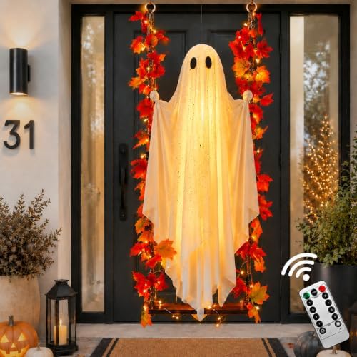 AYGXU Halloween Decorations Indoor Outdoor 5ft Hanging Ghost Decoration with a Maple Leaf 2M Swing Ghost Light Halloween Decoration for Tree Yard Porch Garden