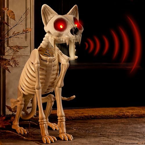 Halloween Animatronic Skeleton Cat 15 Inches, Sound & Touch Activated Halloween Decoration with Movable Pine, Luminous Red Eyes and Creepy Sound, Animated Cat Prop for Haunted House