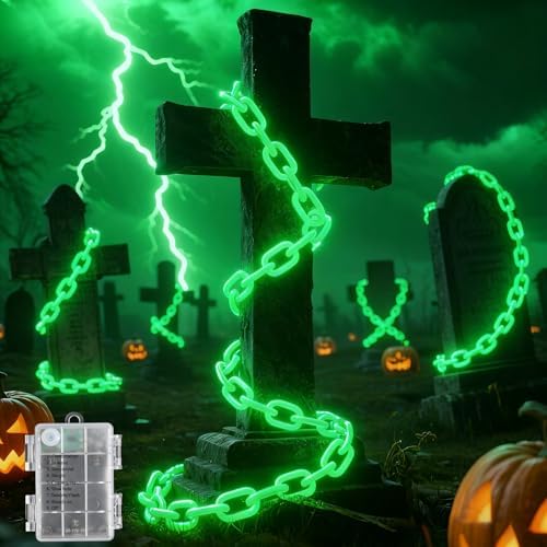 3M Green Chains Battery Operated Halloween Lights Halloween Decorations for Indoor Outdoor 8 Modes Timer Lighted Prop Chains for Party Haunted House Skeleton Dog Scary