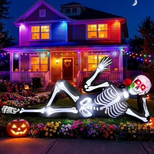 Outdoor Inflatable Halloween Decoration 3M Halloween Decoration with LED Lights Lying Giant Skeleton Inflatable for Roof,Garden,Lawn, Balcony, Holiday