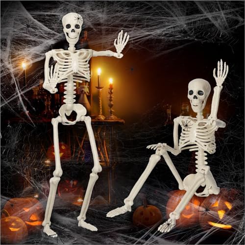 Skeleton Halloween Decorations, 36 Inch Moving Plastic Skeleton with Moving Joints with 20 Spiders and Spider Webs for Halloween Party Decorations, Yard Haunted House Props, Indoor and