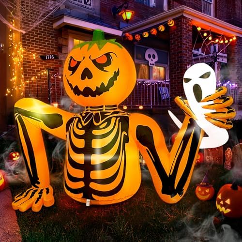 Inflatable Halloween Decoration Outdoor Halloween Skeleton Pumpkin Inflatable Outdoor Decorations with LEDs Halloween Decoration for Outdoor Lawn Garden