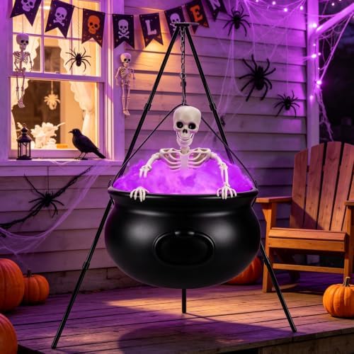 Halloween-Dekorationen im Freien, 32 cm großer Hexenkessel auf Stativ mit Skelett, lila LED-Lichtern, schwarzer Kunststoffkessel Süßigkeitenschüssel Eimer Dekor für Hof, Haus, Veranda, Außendekoration