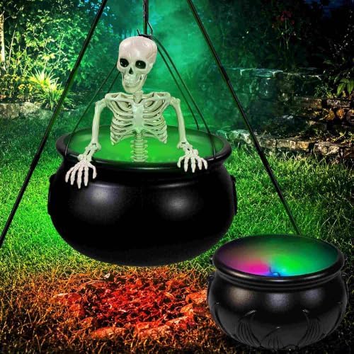 Znorso Halloween-Dekorationen für den Außenbereich, 2 Stück, Hexenkessel, Set mit Nebeleffekt, Skelett und grünen Lichtern, Halloween-Hexenkessel Dekor mit Stativständer für Außenbereich, Veranda, Hof