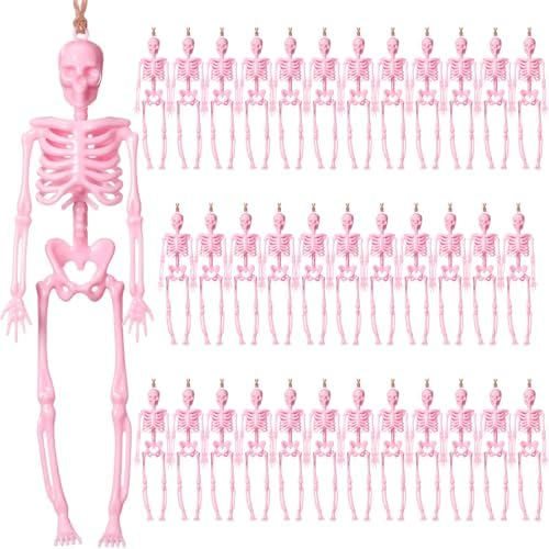 Roowest Mini Skeleton Figurines 17cm Pink Halloween Skeleton Decoration for Halloween Crafts Cemetery Haunted House Accessories Party Decoration 36 Pieces