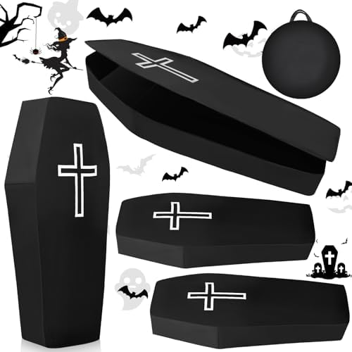 Libima 4 Halloween Cemetery Pop Up Coffin with Lid Fake Life Size 60 Inch Coffin Prop Scary Real Size Foldable Fabric Instant Coffin for Outdoor Skeleton Party Haunted House Cemetery Decorations