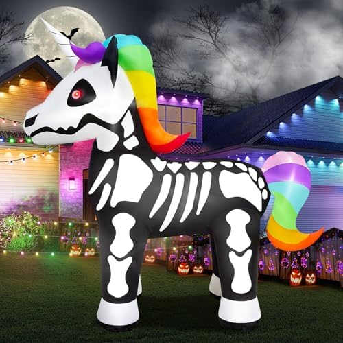 Halloween Inflatable Unicorn Skeleton with Colorful Hair and Tail Outdoor Decoration Inflatable Unicorn Built-in 5 Bright LEDs for Halloween Party Garden Lawn Yard Decoration
