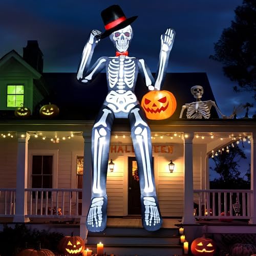 Inflatable Halloween Decorations Outdoor Giant Sitting Inflatable Skeleton Halloween Inflatable Skeleton 12ft Built-in LEDs Scary Skeleton Inflatable