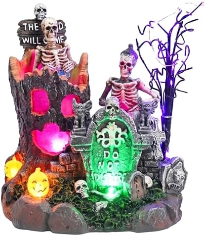 Valery Madelyn Halloween Decorations Lighted Halloween Village with Music and LED Lights Resin Scary Tree and Skeleton Tombstones Scene Haunted House for Home Party Table