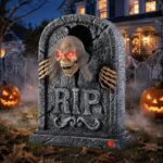 Motion Activated Halloween Animatronics Zombie Tombstone – LED Tombstone Decorations with Creepy Skeleton Skull Head, Luminous Eyes, Scary Voice, Scary Movement, Haunted Horror Prop