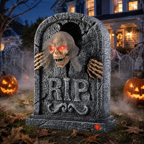 Motion Activated Halloween Animatronics Zombie Tombstone – LED Tombstone Decorations with Creepy Skeleton Skull Head, Luminous Eyes, Scary Voice, Scary Movement, Haunted Horror Prop