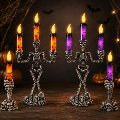 4 x Halloween Skeleton Candelabra LED Candle Light
